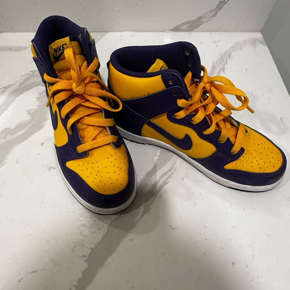 Nike Dunks- high.  Purple  and Yellow